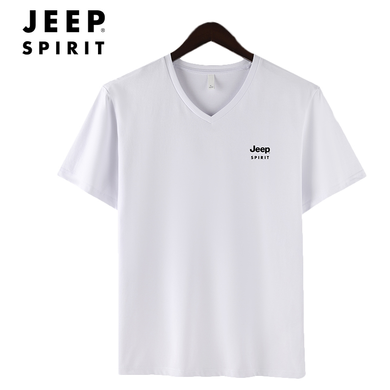 JEEP SPIRIT吉普男士V领T恤夏季透气舒适棉半袖t恤户外鸡心领时尚体恤衫短t