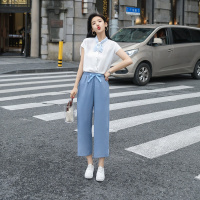 女士夏翻领雪纺学生气质小女士甜美短袖套装两件套女小清晰学
