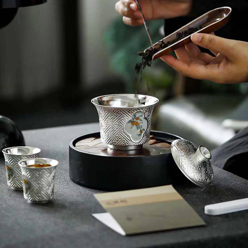 MULTIPOTENT整套茶具鎏银功夫茶具套组柿柿如意盖碗套装郑文强大师作品可收藏高清大图