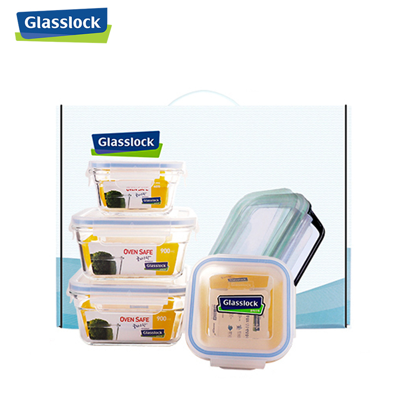 三光云彩(GLASSLOCK)韩国进口钢化玻璃保鲜盒四件套900ml*2+405ml*2便当饭盒可微波炉加热男女带饭套装