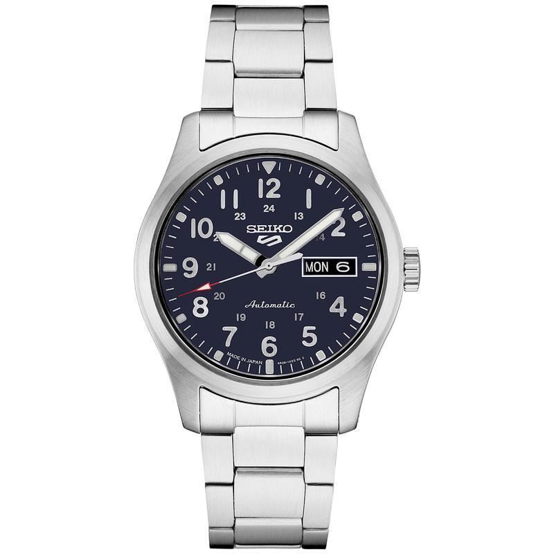 SEIKO 男表 5号运动系列自动机械标 蓝盘钢带双日历防水腕表 七夕礼物