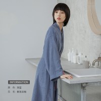 三利毛巾料浴袍女冬厚长款吸水速干纯棉华夫格情侣酒店全棉浴衣男 S(适合身高155-165cm) 深蓝(毛巾料厚款))