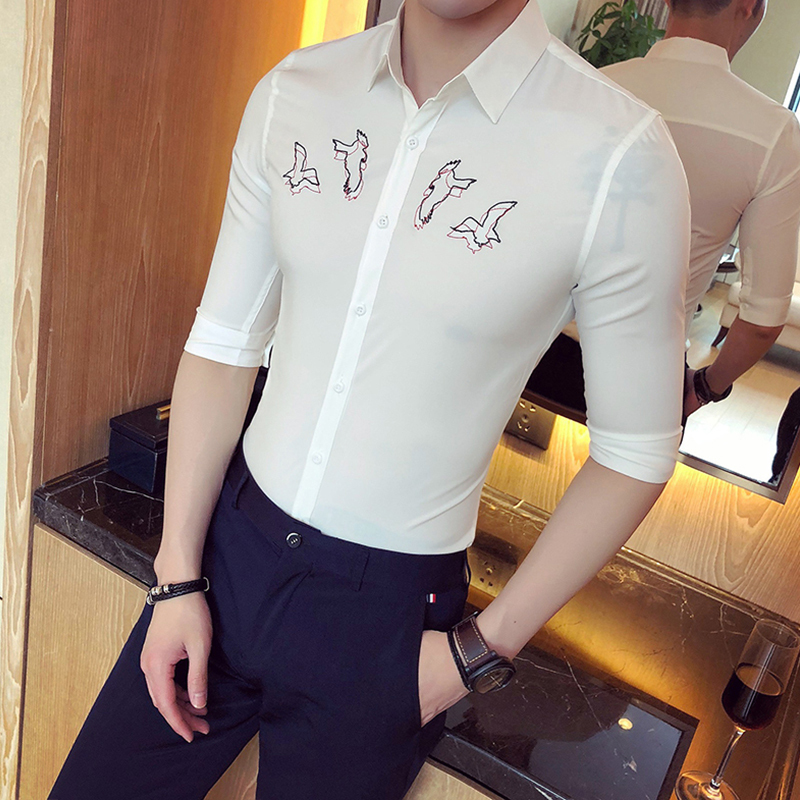 2018夏款新款男装个性绣花中袖衬衫青年夜店理店五分袖寸衫小码