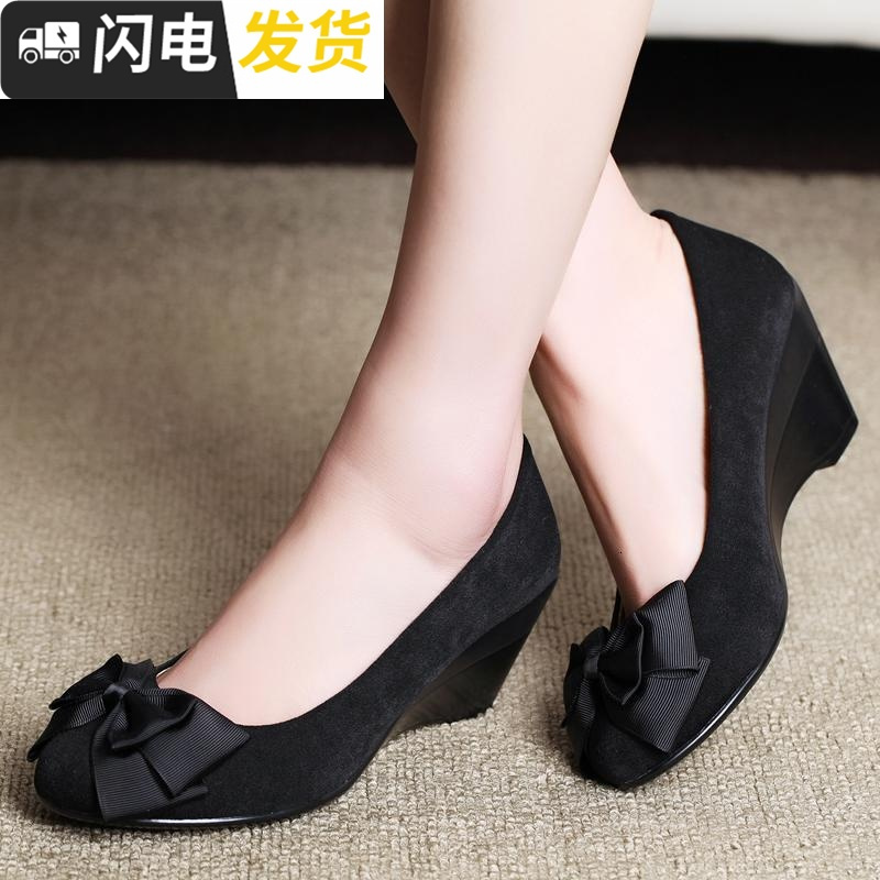 春秋新款老北京布鞋单鞋女鞋黑色高跟鞋坡跟职业工作鞋通勤工装鞋启如