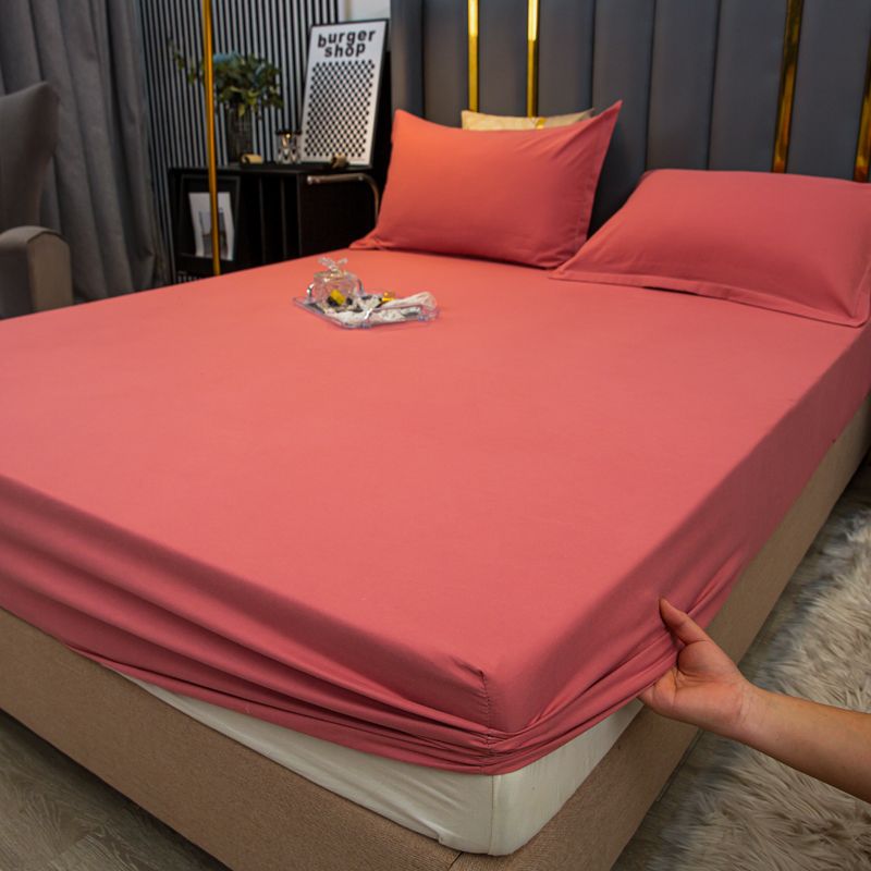水洗棉纯色床笠单件床套床罩席梦思防尘套床单保护罩厚垫全包防滑 180*200cm(床笠+2枕套) 豆沙亲肤水洗棉