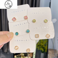 JiMi猫眼石耳钉女韩国网红气质耳饰新款潮耳夹无耳洞银银耳银 买一送一圆形白色+方形粉色