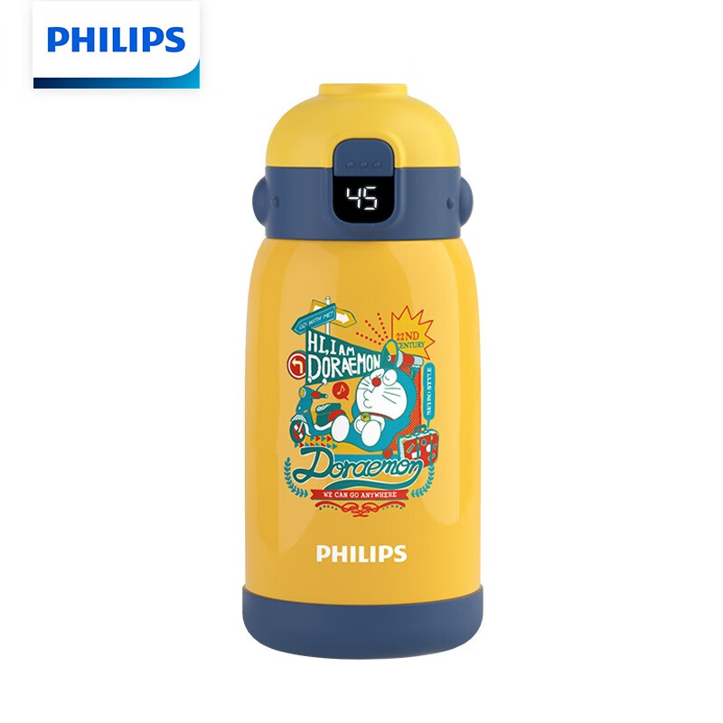 飞利浦(PHILIPS) 保温杯316不锈钢内胆儿童带杯套便携弹盖吸管温度不锈钢保温杯 双盖黄色 哆啦A梦双盖黄色