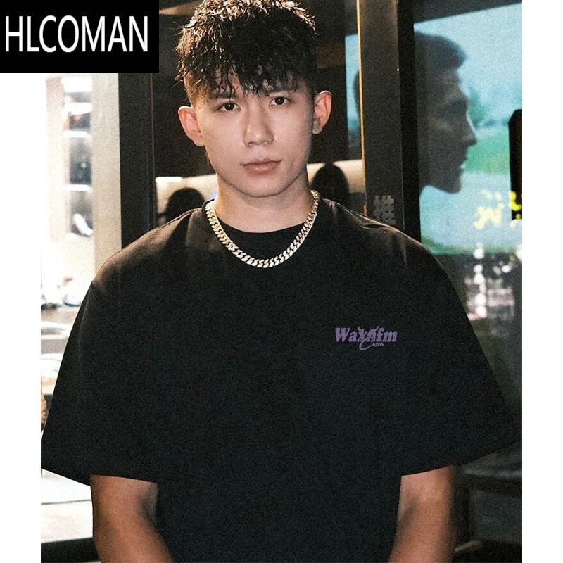 HLCOMAN字母印花短袖T恤男夏季百搭绿色宽松情侣休闲小领口上衣