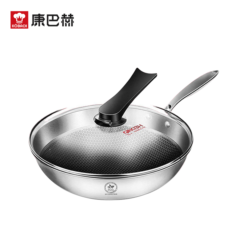 康巴赫 (KBH) 经典款炒锅 304不锈钢蜂窝纹理 送刀铲勺三件套[刀具管制地区,赠品刀更换油壶]