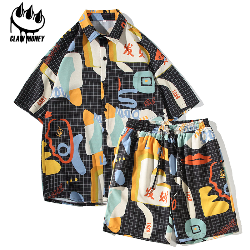 Claw money短袖衬衫男夏季潮流男装套装痞帅宽松薄款沙滩一套衬衣
