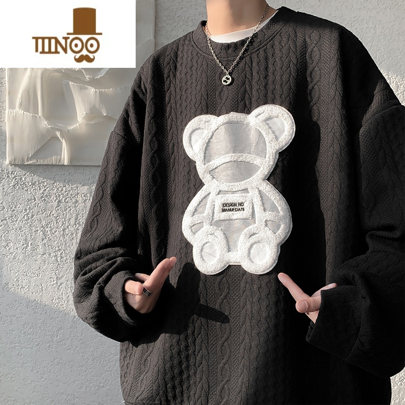 YANXU白色圆领卫衣男士小熊印花时尚长袖T恤宽松男款潮TT款X高清大图