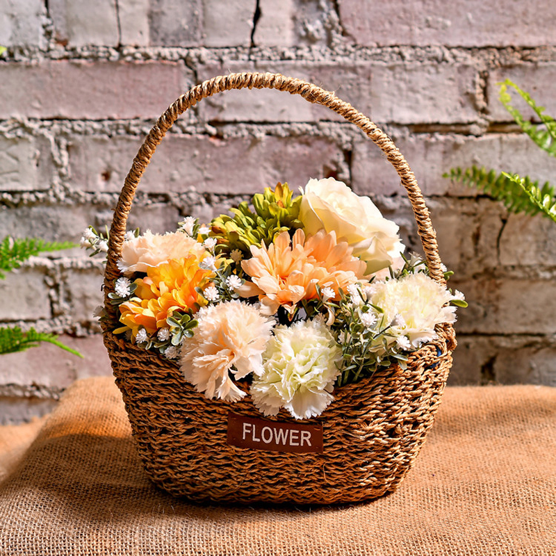 装饰花篮挂件创意仿真花假花编织篮室内墙壁麻绳壁挂式花盆元宝手提篮