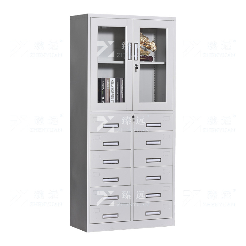 臻远ZY5011010钢制矮柜抽屉柜多抽资料柜储物收纳柜 上玻十二斗器