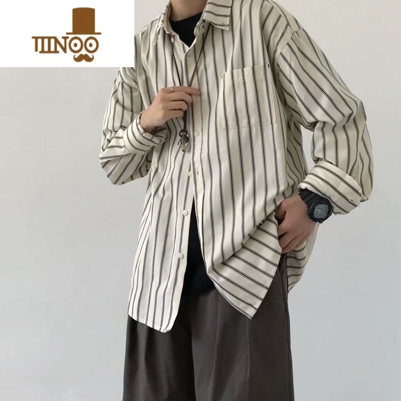 YANXU中性风条纹衬衫男长袖叠穿日系复古上衣设计感小众内搭外穿高清大图