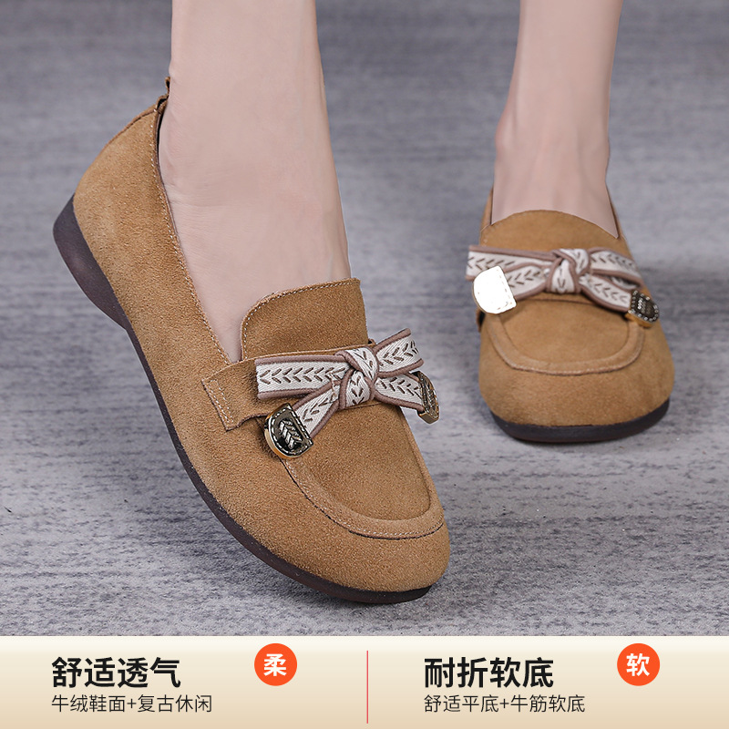 复古勃肯鞋女新款真皮蝴蝶结软底乐福鞋豆豆鞋四季平底孕妇鞋