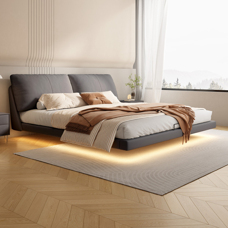 布雷尔创意轻奢悬浮床方形简约主卧室真皮床18米带感应灯双人床视频