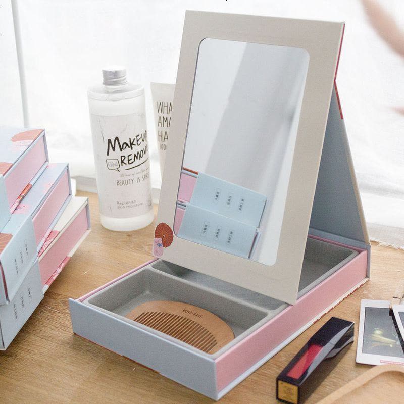 日系可爱少女收纳整理桌面化妆镜加厚化妆品收纳盒单面镜折叠镜子 白色 单个菠萝图片