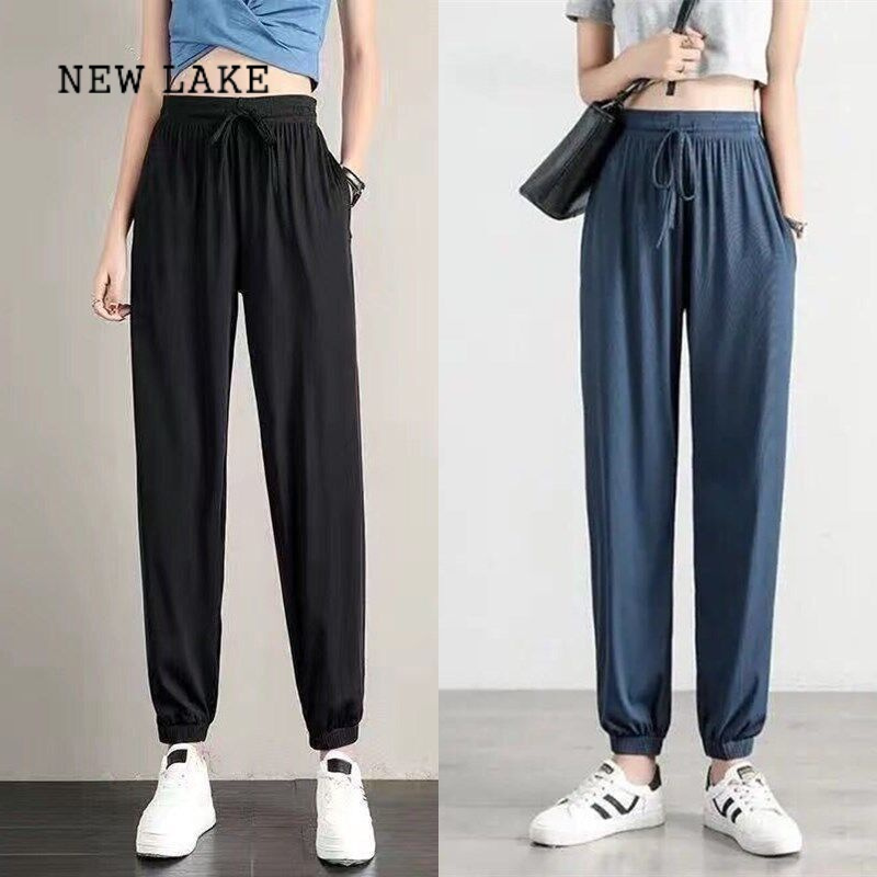 new lake女裤夏季大码冰丝九分休闲裤女宽松显瘦运动哈伦裤子女学生薄