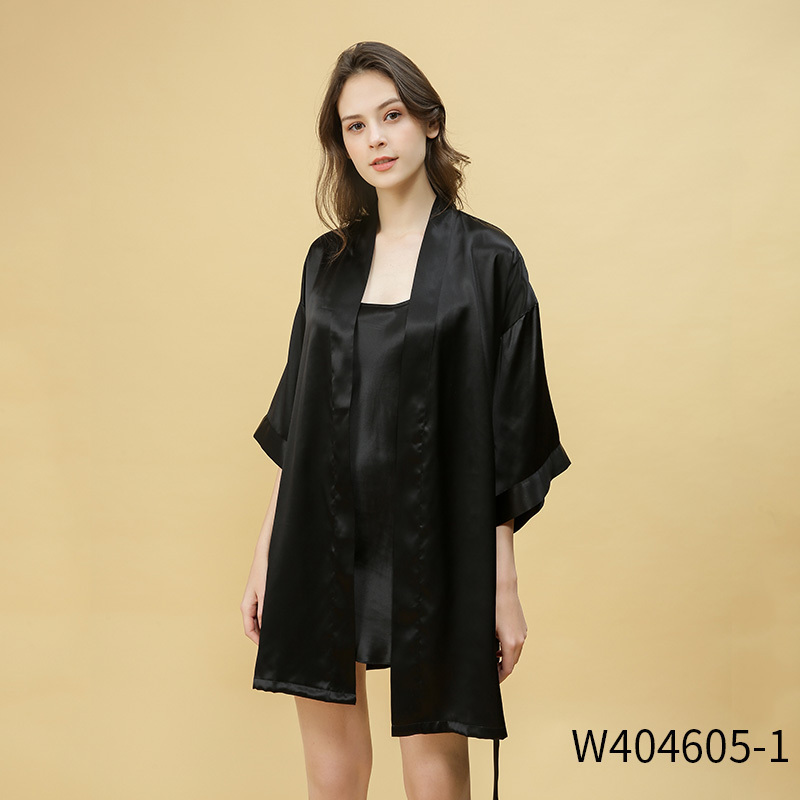 真丝睡裙春夏吊带女真丝睡衣纯桑蚕丝睡袍丝绸舒适两件套 160(M)否 W404605-1黑色单睡袍