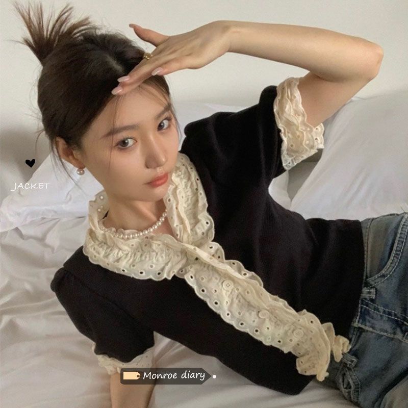 法式温柔木耳边衬衫女小众V领别致短袖夏季气质短款设计感上衣ins