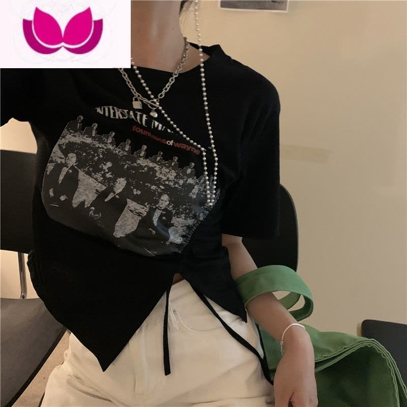 七斓大码胖妹妹复古chic抽绳开叉正肩显瘦短袖T恤女新款酷甜上衣图片