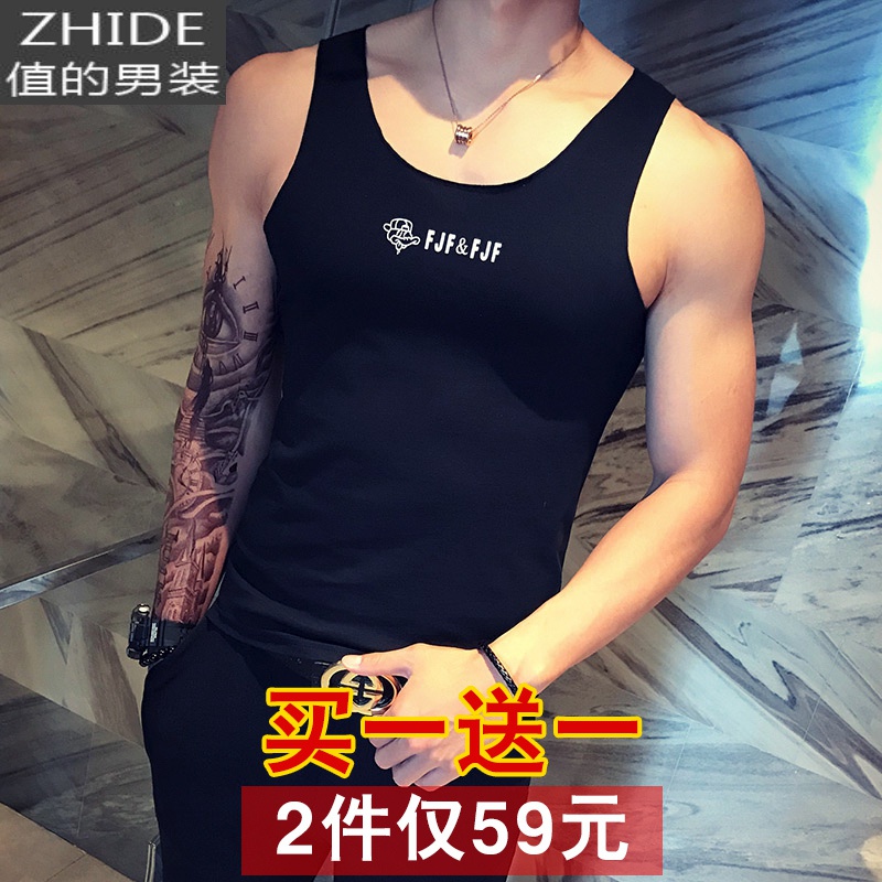 SUNTEK夏季男士坎肩背心修身黑白色汗衫健身运动无袖马甲潮流t恤男棉马甲/背心高清大图