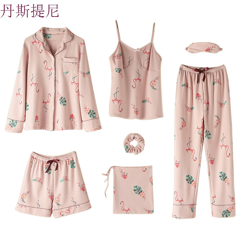 纯棉睡衣女夏春秋长袖火烈鸟七件套装甜美可爱大码家居服全棉
