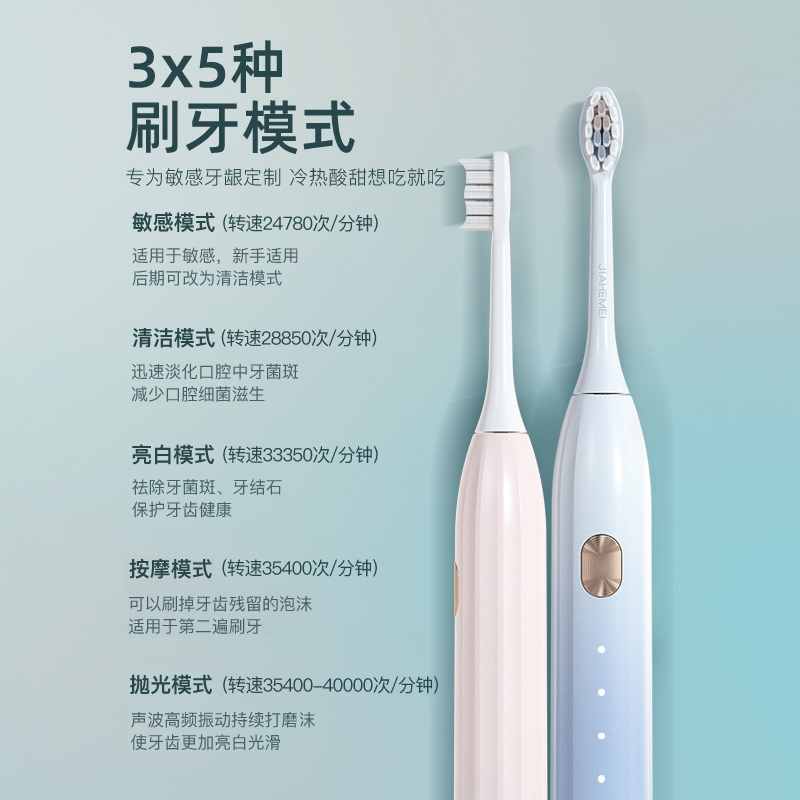 佳禾美电动牙刷成人充电式声波自动软毛刷头牙结石洁牙器礼盒2只装学生党情侣套装男女式款 深海蓝[4支刷头+旅行收纳盒]