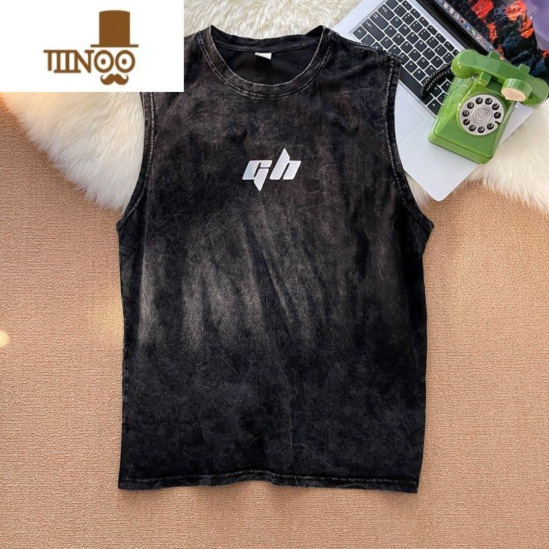 YANXUins高街复古水洗坎肩运动背心男潮牌街头嘻哈宽松hiphop无袖T恤衫图片