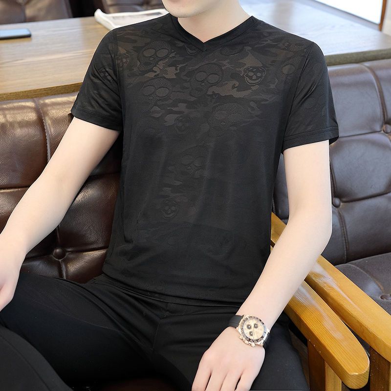 夏装冰丝半袖短袖男韩版男士t恤速干打底衫提花镂空速干 树叶V白色 M码建议80-100斤