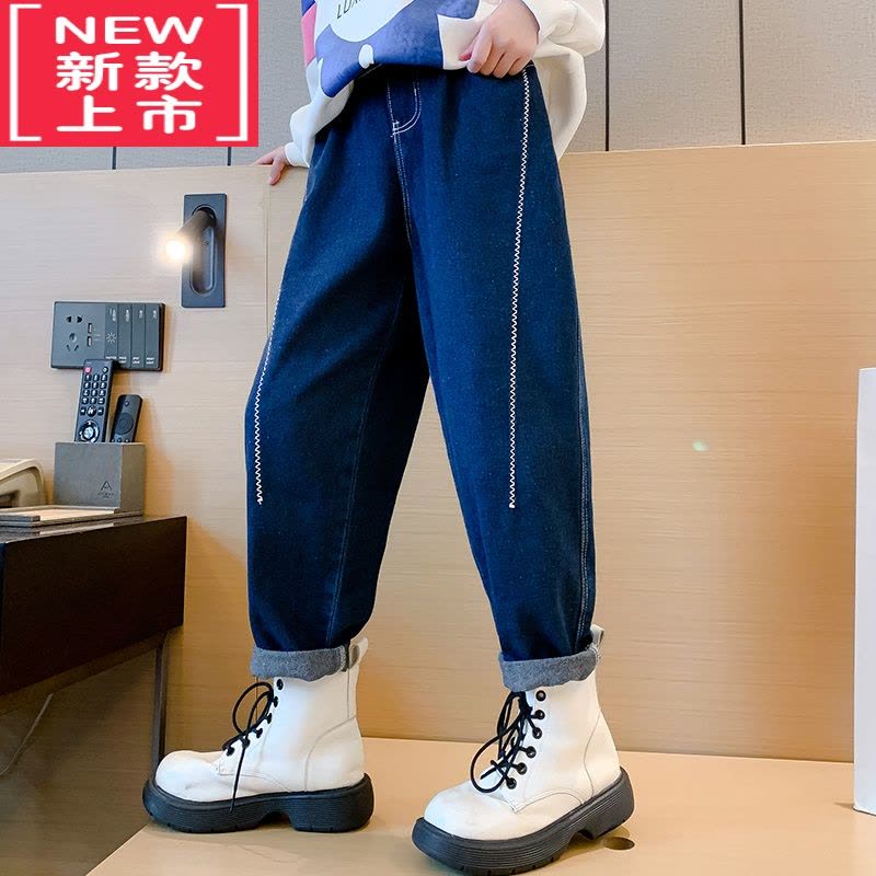 可莉允女童裤子秋冬款加绒厚儿童牛仔裤外穿2022新款大童装女孩保暖长裤保暖裤图片