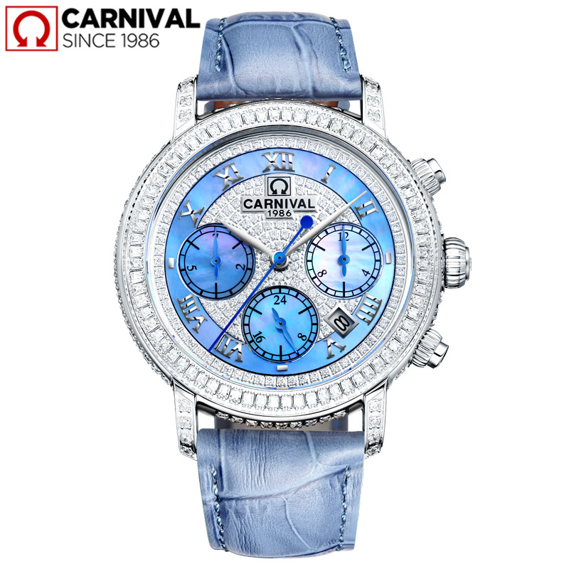 瑞士嘉年华Carnival进口机芯女士手表满天星全自动机械表 女镶钻牛皮表带休闲时尚女表防水真皮腕表8690高清大图