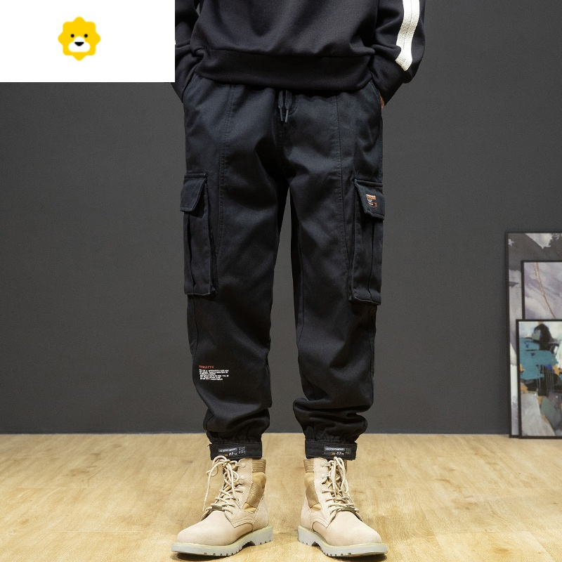 秋季黑色休闲裤男士宽松大码纯绵秋冬款锥形束脚裤美式潮牌工装裤