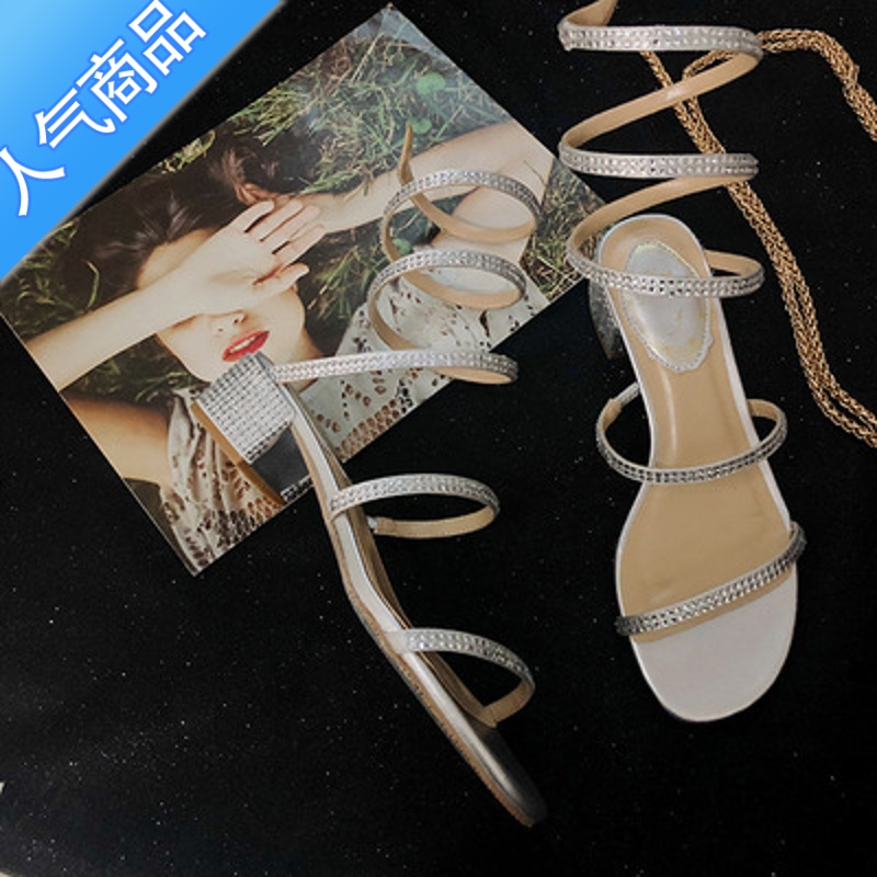 SUNTEKrc水钻蛇形缠绕一字带凉鞋女2023夏季仙女风粗跟罗马绕脚中高跟鞋高清大图