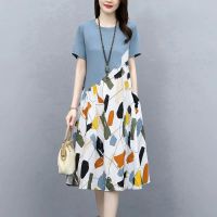 碎花大码连衣裙女装夏季2021年新款宽松洋气显瘦薄款棉质拼接裙子 蓝色 L 建议120斤以下