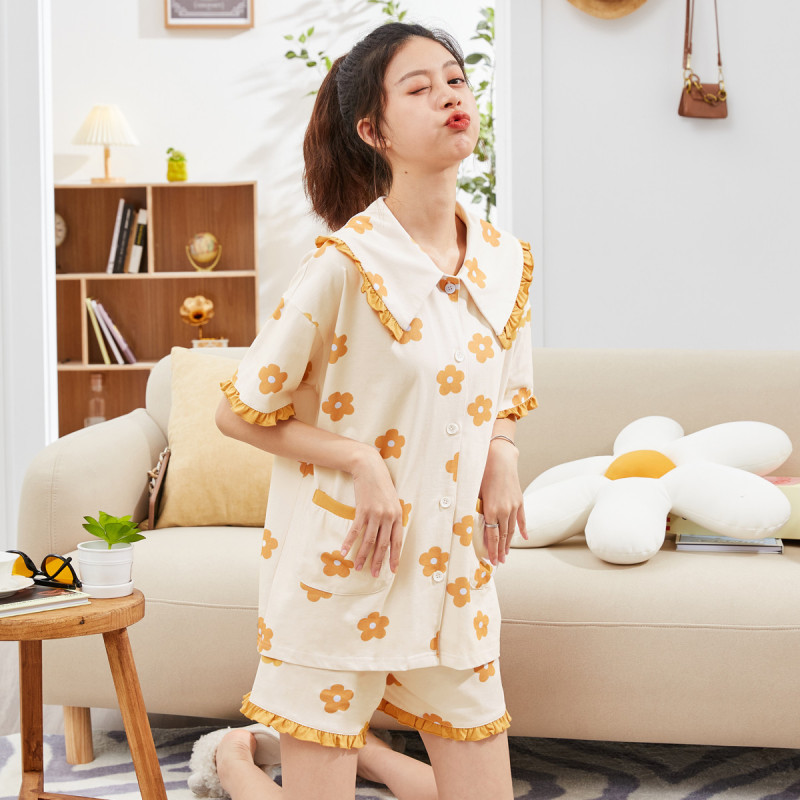 [2.5折价92元]唐狮睡衣女夏女士家居服短袖休闲开衫女夏季薄款睡衣短裤