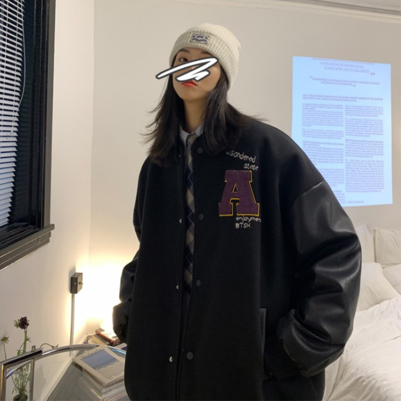 YUANSU棒球服男潮流宽松飞行员冬季加绒加厚夹克潮牌炸街情侣装拼接外套夹克