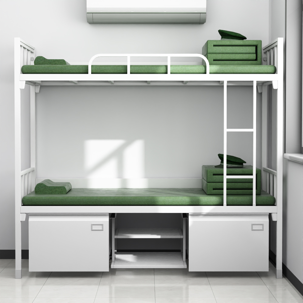 富路达钢制双层床士兵上下铺军营宿舍铁架床班用内务双人床带鞋柜高清大图