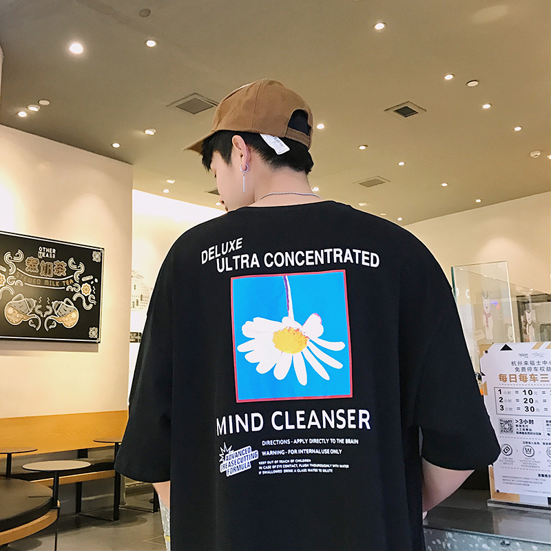 夏款新款男士短袖T恤港风小皱菊印花宽版情侣短袖T恤衫学生半袖T
