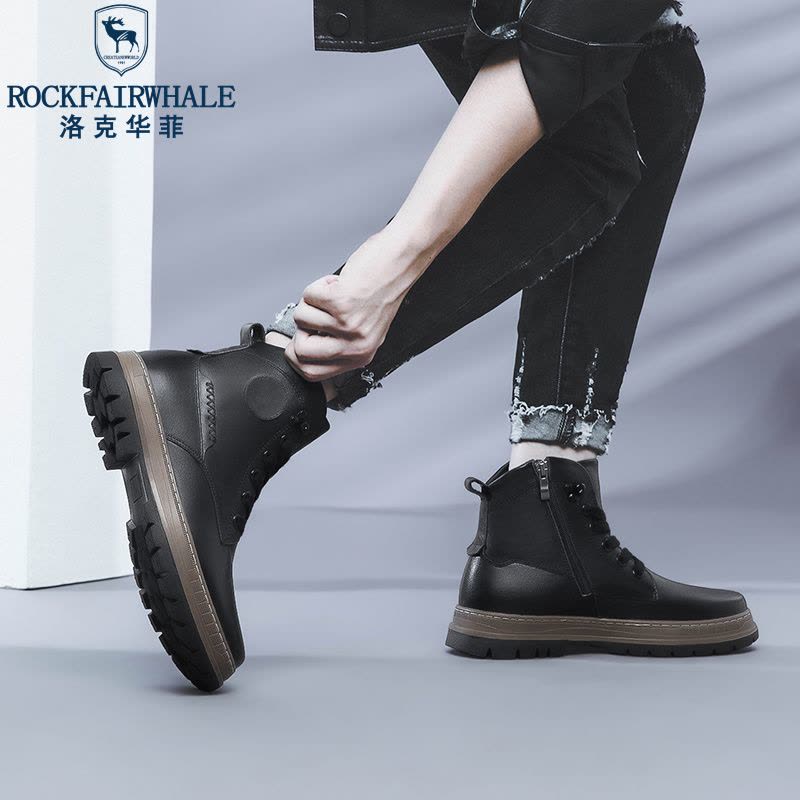 洛克华菲马丁靴男高帮2024中帮男士新款潮男鞋英伦风皮靴男款皮鞋冬季加绒图片