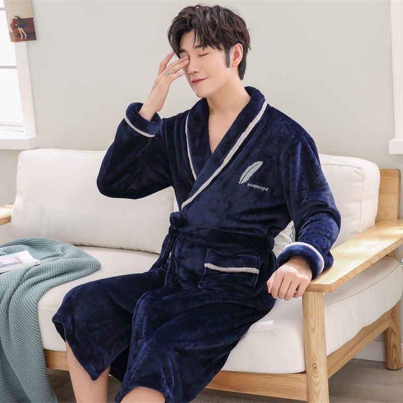 秋冬季情侣睡袍女士珊瑚绒浴袍长款睡衣男士加厚法兰绒浴衣家居服高清大图