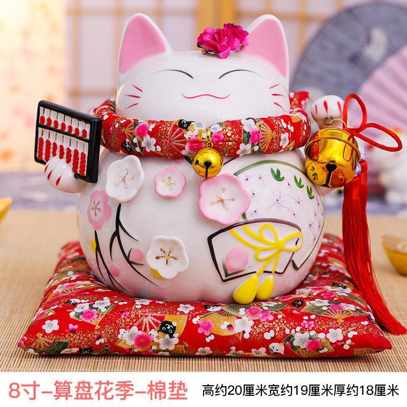 猫摆件金色大号陶瓷储蓄罐日本创意店铺开业礼品存钱罐 三维工匠 11寸花季令牌-棉垫猫图片