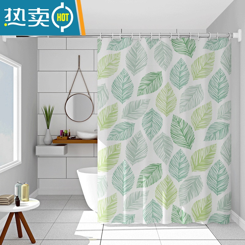 敬平卫生间防水帘浴帘套装免打孔防走光遮挡帘浴室隔断帘防水门帘 芭蕉叶 单帘宽180*高180送环