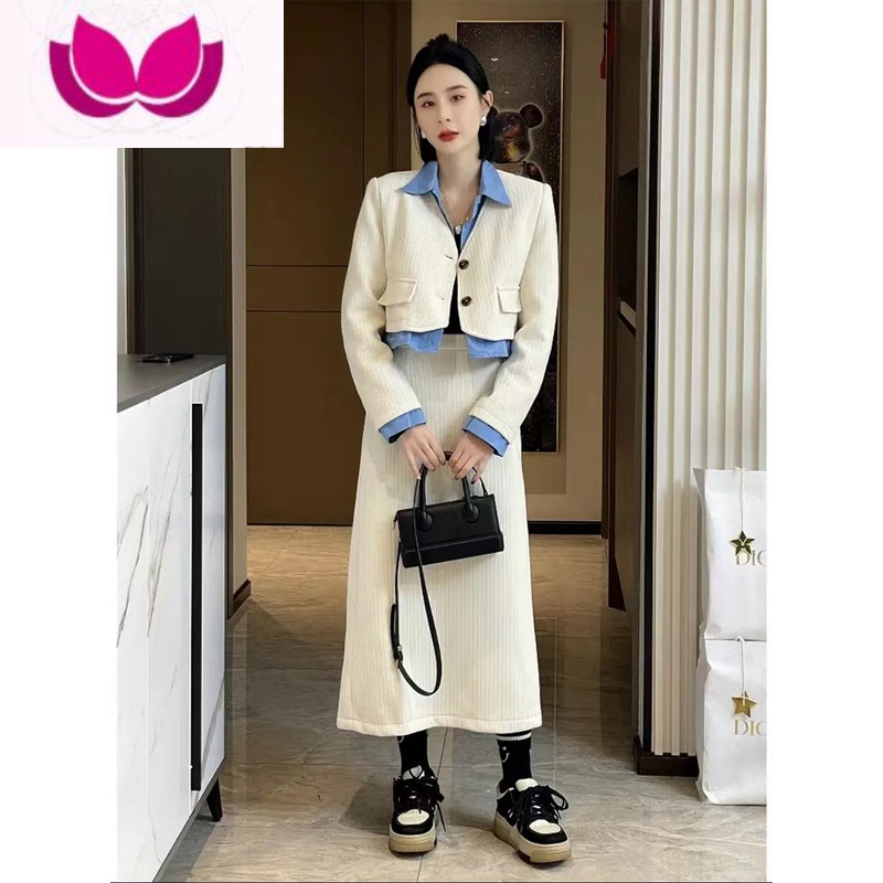 七斓高级感小香风套装女盐系穿搭御姐轻熟假外套半身裙香 M 米白套装