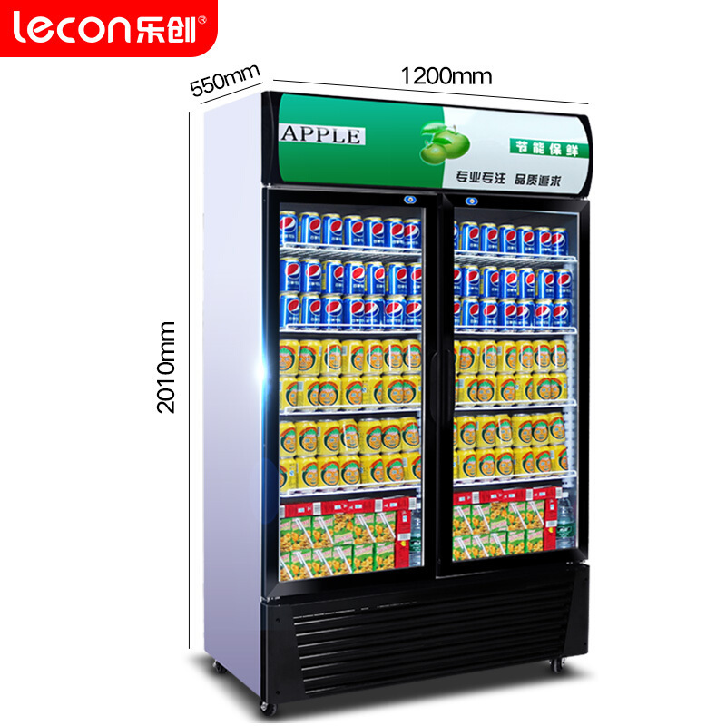 Lecon/乐创 双门绿黑直冷展示柜冷藏柜绿黑色商用冰柜冰箱啤酒饮品保鲜柜饮料单门冷柜 陈列柜680 LC-ZDG01