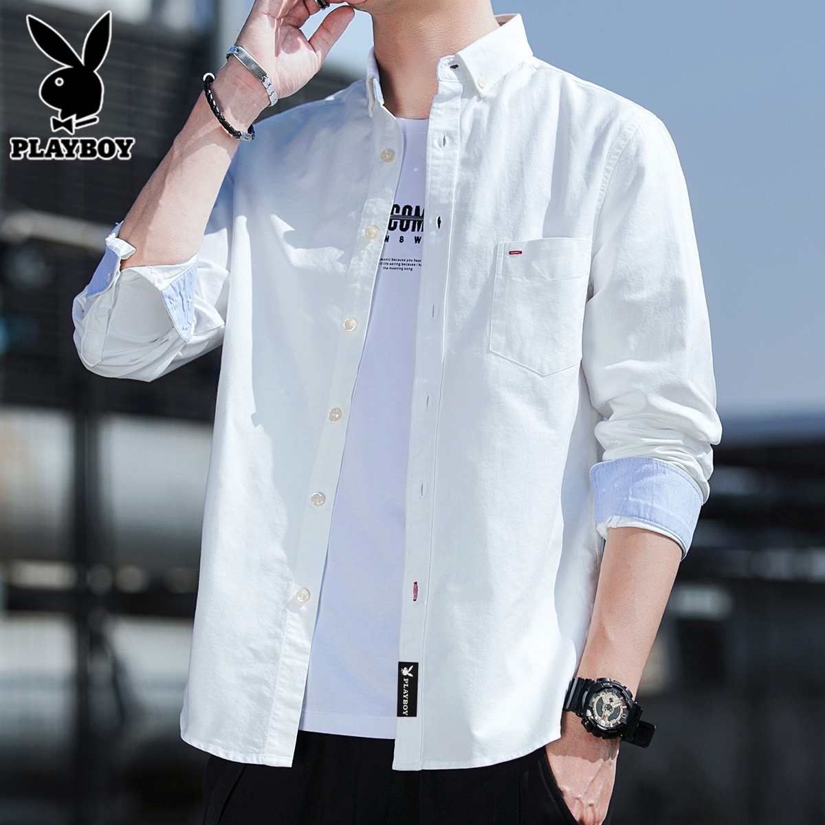 花花公子男士长袖衬衫2025年春夏季新款宽松休闲外套纯棉白衬衣男
