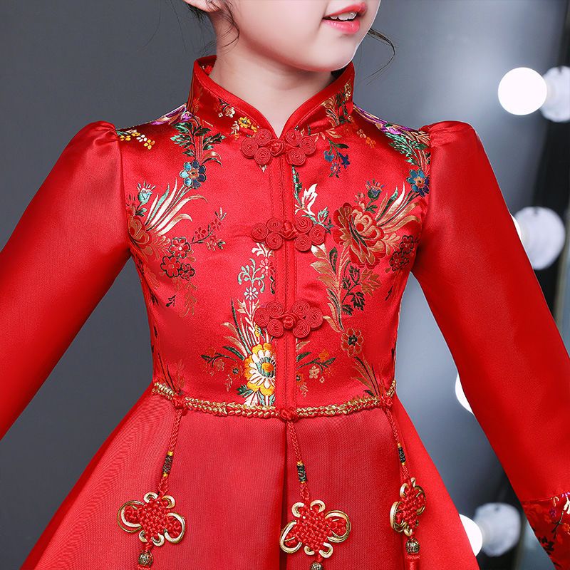 女童旗袍冬加绒长袖红色演出服走秀晚宴洋气儿童公主裙花童礼服女红色