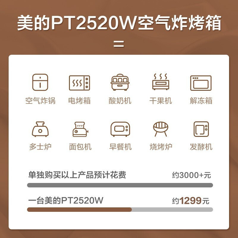 美的(Midea)PT2520W空气炸石墨烯免预热烤箱 家用小型全自动多功能空气炸锅电烤箱 百搭浅杏色 无油空气炸