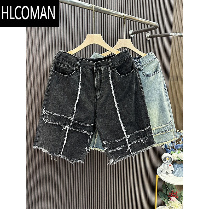 HLCOMAN街头拼接休闲牛仔短裤男士高街潮流情侣夏季复古水洗毛边五分中裤