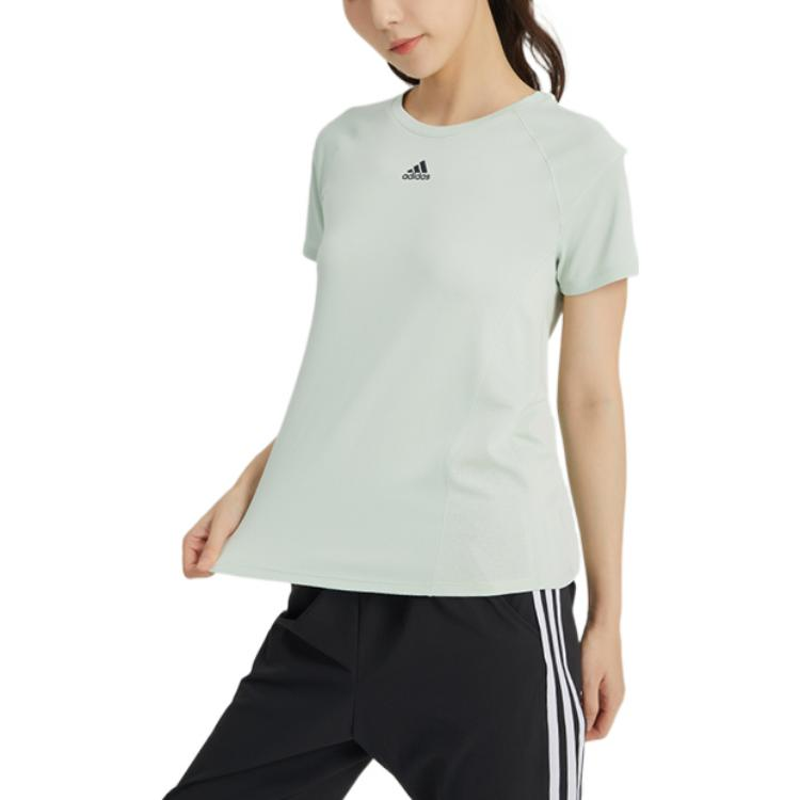 阿迪达斯adidas品牌logo印花纯色圆领短袖t恤女款青色3375236
